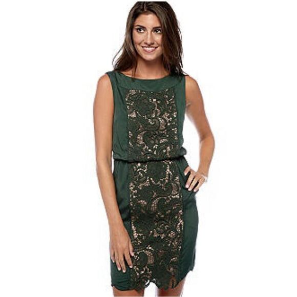 Jessica Simpson Forrest green and nude lace panel dress with pockets size small - Picture 1 of 7
